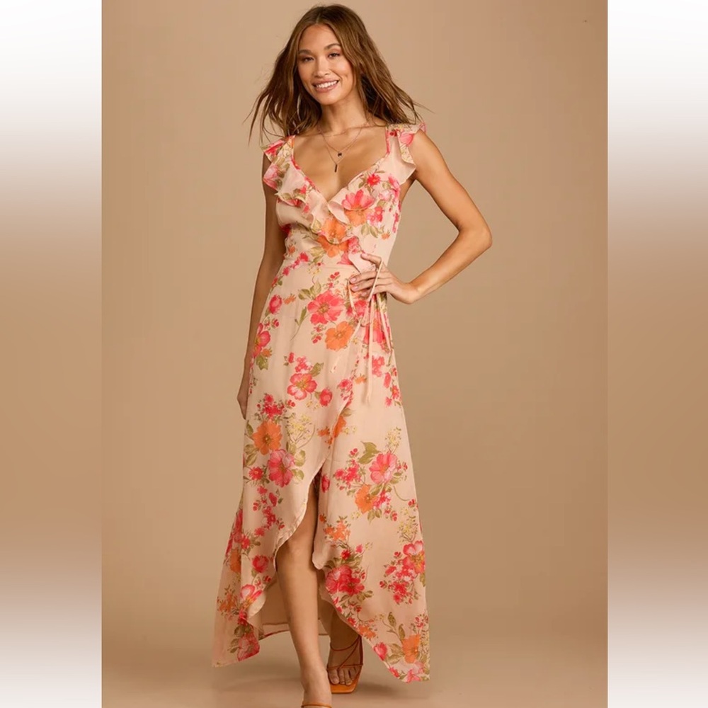 Beige floral print wrap maxi dress